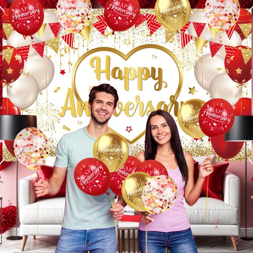 Red Gold Anniversary Party Decorations Happy Anniversary Banner Backdrop and 18Pcs Red Gold Happy Anniversary Balloons Anniversary Party Photography Background for Wedding Anniversary Party Supplies