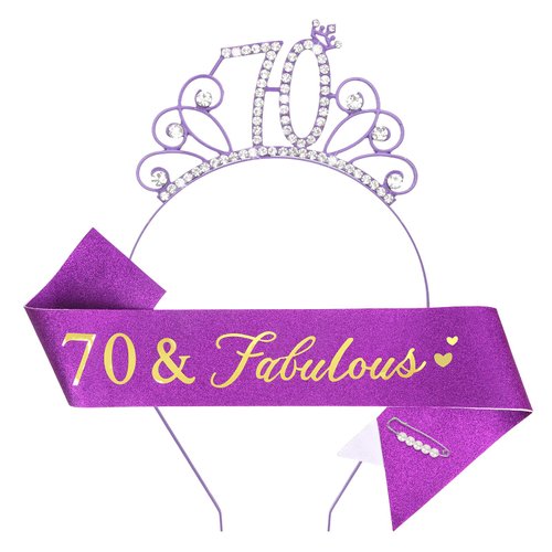 YARIEW 70th Birthday Headband and Birthday Sash + Pearl Pin Set, 70 & Fabulous Crown and Sash, 70th Birthday Decorations for Women, 70th Birthday Gifts for Women, 70th Birthday Party Favor Purple