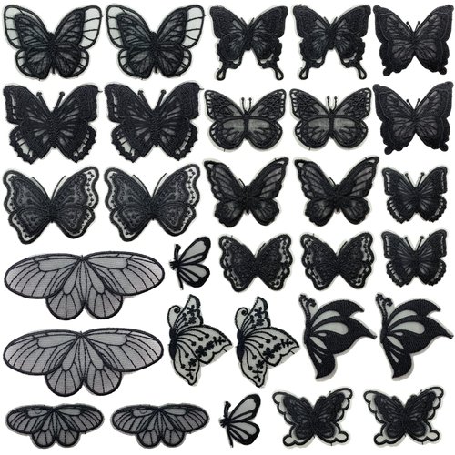 30Pieces Butterfly Lace Embroidered Appliques Sew On Patches for Wedding Bridal Dress Clothes Hair Accessories Sewing Craft DIY (Black)