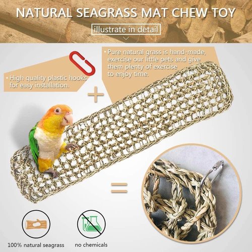 2Pcs Bird Seagrass Mat 29.5×7" Natural Grass Woven Net Hammock with Hooks Climbing Rope Ladder Chew Toys Hanging on Parrot Cage for Lovebird Pigeon Cockatiel Conure Budgie Cockatoo