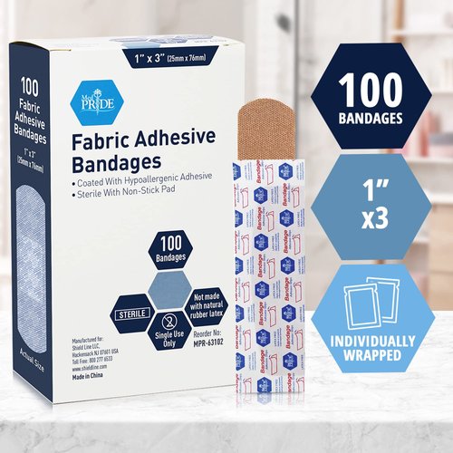Medpride Sterile Fabric Adhesive Bandages [100 Count]- First Aid Bandages Coated with Hypoallergenic Adhesive & Non-Stick Pad- Latex-Rubber Free Wound Care Bandages- Individual Wrapped- 1”x 3''