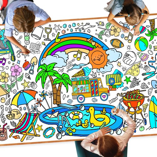 DDMY Giant Coloring Poster Summer Tablecloth, 72 x 35.5 Inch Versatile Summer Beach Activity Drawing Coloring Poster for Classroom Wall Décor/School/Kids Party Kid Art Crafts DIY Coloring Table Cover