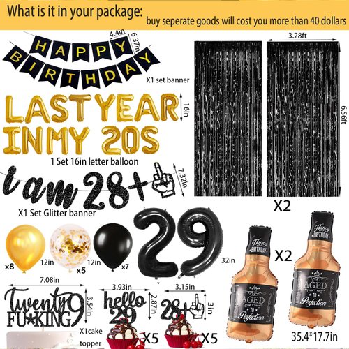 29th Birthday Decorations Party Supplies for Men Last Year in My 20s Balloons I AM 28+1 Glitter Banner 29th Birthday Foil Balloons Whiskey Balloon Cake Topper Cupcake Toppers