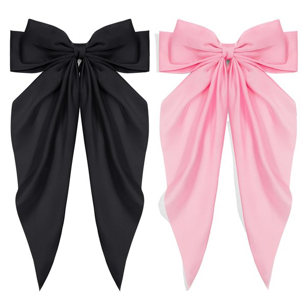 Beleki Hair Bows for Women Girls, 2PCS Satin Bows for Hair, Black Silky Bow Pink Coquette Bows Oversized Hair Ribbon Bows with Long Tail French Hair Barrette Aesthetic Hair Accessories Women Gift