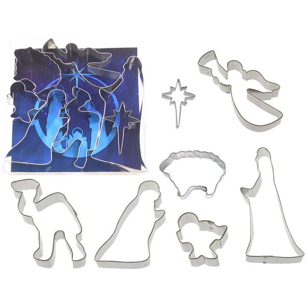 Foose Brand Nativity Cookie Cutter 7 Pc Set – 5.75 in Joseph 4.5 in Mary 2 in Manger 4 in Camel 2.75 in Star of East 3 in Sheep 4.25 in Angel Cookie Cutters Hand Made in the USA from Tin Plated Steel