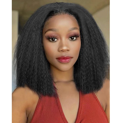 Quantum Love Short Straight Bob Wig Yaki Straight Shoulder Length Bob Wigs for Black Women Kinky Straight Wear and Go Natural Black Synthetic Hair