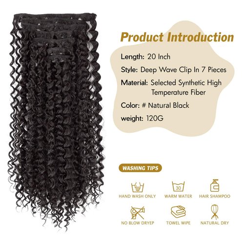 UAmy hair Kinky Curly Clip in Hair Extensions for Women 18 Inches 7Pcs Set Double Weft Synthetic 3B-3C Natural Black Curly Wave Hair Clips in Hairpieces (2# Natural Black)