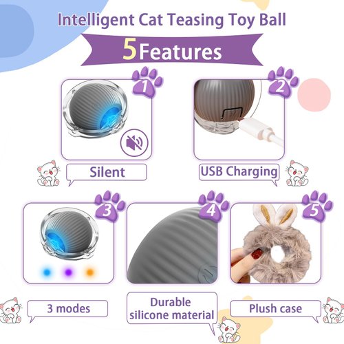 Oiuyamn Cat Interactive Toy Ball, Smart Rolling Cat Toy, Electric Pet Toy with Plush Cover and Plush Ball, Automatic Moving Cat Toy