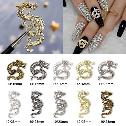 SILPECWEE 50pcs 3D Dragon Nail Charms for Acrylic Nails 3D Nail Art Charms Metal Nail Dragon Studs Alloy Nail Jewels Decorations for Nails Salon Accessories Craft Making