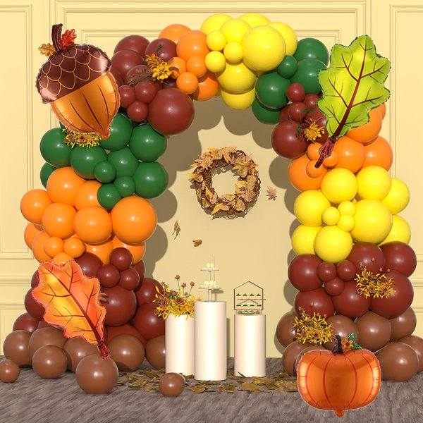 Yumiche 139pcs Fall Balloons Garland Arch Kit, Little Pumpkin Balloon Arch Kit Orange Brown Yellow Green Pumpkin Balloons With Leave Foil Balloons For Fall Thanksgiving Autumn Harvest Decorations