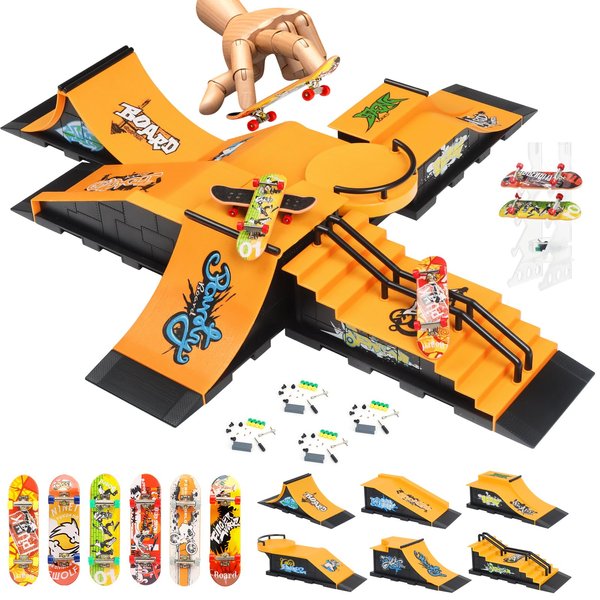 RNGODO Finger Skateboard Ramps Set, 6-in-1 Bigger Fingerboard Skatepark Skate Park Kit Training Props with 6 Finger Skateboard 6 Finger Deck & Display Holder Finger Skate Toys for Kids & Adults Gifts