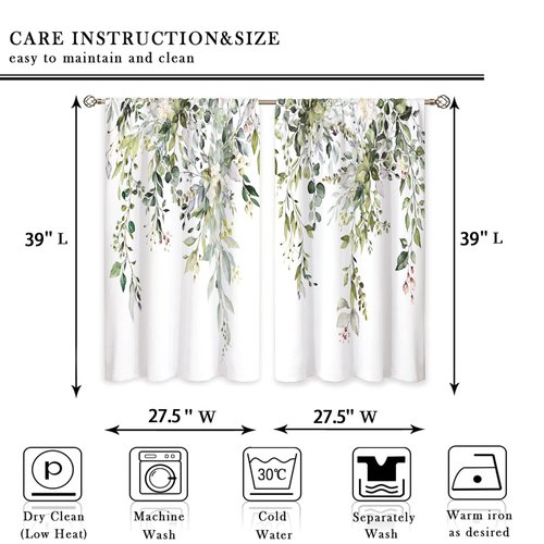 oolygoo Eucalyptus Botanical Leaves Floral Kitchen Window Curtains Over Sink Boho Farmhouse Flower Leaf Small Window Treatment Sage Green Cafe Short Curtains for Bathroom Tier Drapes 27.5x39 inch