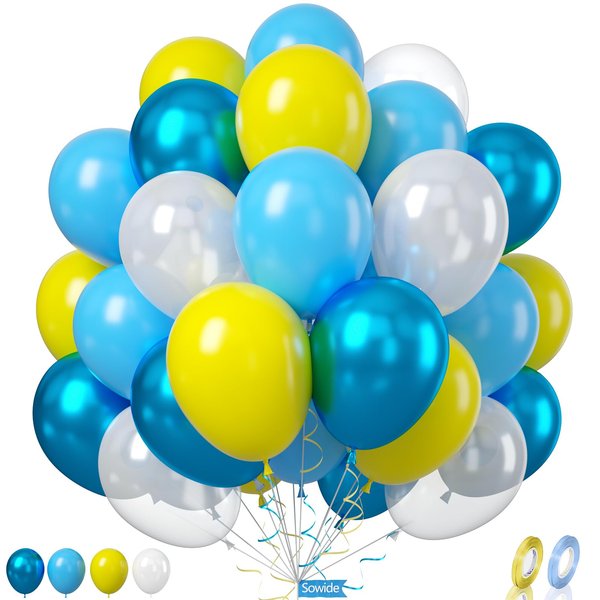 Yellow Blue Clear Balloon, 60 Pcs 12 Inches Metallic Blue Sponge Theme Balloons for Kids Cartoon Sponge Party Decorations Birthday Balloons Baby Shower Engagement Party Supplies