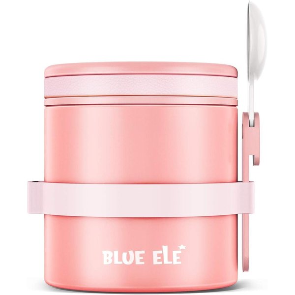 BLUE ELE Leakproof, Vacuum Insulated Thermos Hot Lunch Containers with Ceramic-Coated Stainless Steel, Easy Grip Lid, and Folding Spoon, 13.5oz, Carnation Pink