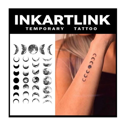 INKARTLINK Temporary Tattoos,2 Sheets Medium Semi Permanent Tattoo,Adult Art Design Temporary Tattoos, Lasts 1-9 Weeks, Waterproof, Realistic look, No Adhesive, No reflection (Moon Change）