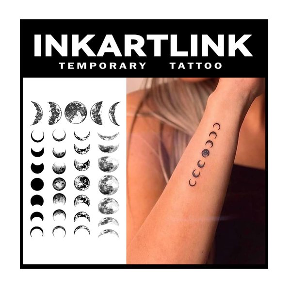 INKARTLINK Temporary Tattoos,2 Sheets Medium Semi Permanent Tattoo,Adult Art Design Temporary Tattoos, Lasts 1-9 Weeks, Waterproof, Realistic look, No Adhesive, No reflection (Moon Change）