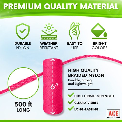 Pink Mason Line String Line - #18 Braided Nylon String - 250 Ft Length - Nylon Twine for Gardening Or Masonry Tools - Perfect Construction String for A String Level, Twine String for Gardening