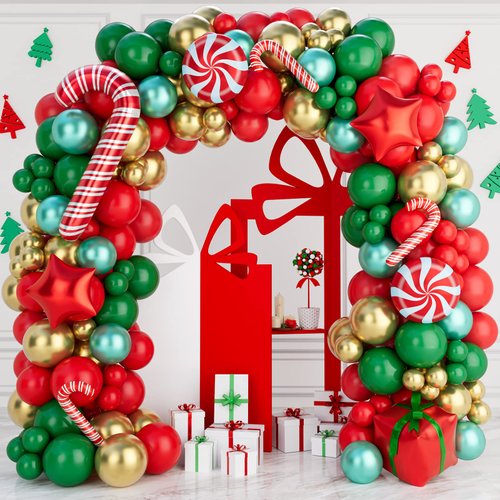 Christmas Balloon Garland Arch Kit 149PCS Red Green Gold Balloons Candy Balloons Gift Box Balloons for Christmas Party Decorations Supplies