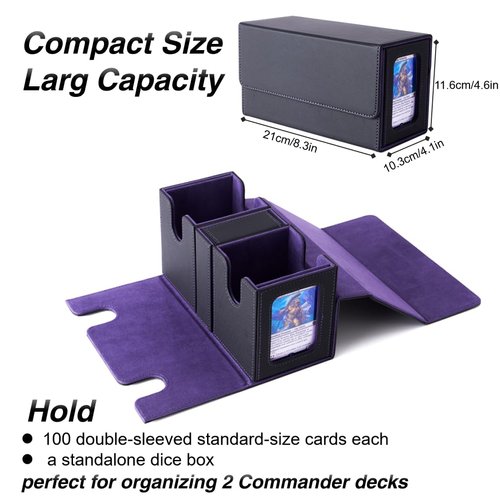 Venssu MTG Deck Box With two Display Windows,Card Deck Box fits 200 Double Sleeved Cards,Commander Deck Box With Dice Tray (Black and Purple)
