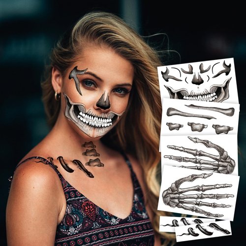 6-Pack Skull and Bone Temporary Tattoos for Men and Women, Adults – Skeleton Face, Hand, Snake, and Collarbone Tattoos for Halloween Costume Cosplay and Party Makeup, Face Sticker