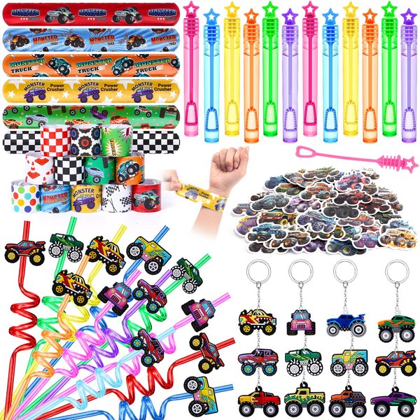 SNLN 98Pcs Monster Truck Party Favors Birthday Supplies for Boys Kids, Bubble Wands Drinking Straws Slap Bracelets Keychains Stickers Goodie Bag Stuffer Monster Truck Themed Birthday Party Supplies