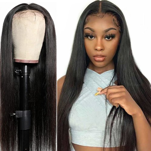 DELHELHAIR Straight Lace Front Wigs for Black Women Glueless Human Hair Wear and Go Brazilian HD Transparent 4x4 Lace Closure Wigs Pre Plucked with Baby Hair (17Inch,Natural Color)