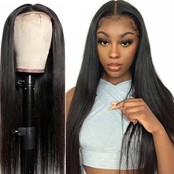 DELHELHAIR Straight Lace Front Wigs for Black Women Glueless Human Hair Wear and Go Brazilian HD Transparent 4x4 Lace Closure Wigs Pre Plucked with Baby Hair (17Inch,Natural Color)