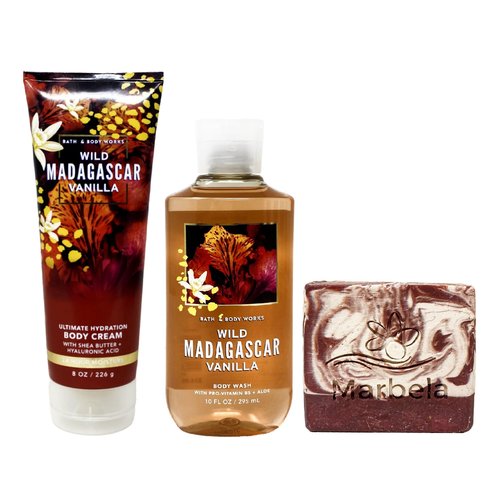 Bath & Body Works Wild Madagascar Vanilla 2 Piece Set with a Cherry On Top Bar Soap - Body Cream - Body Wash - Full Size
