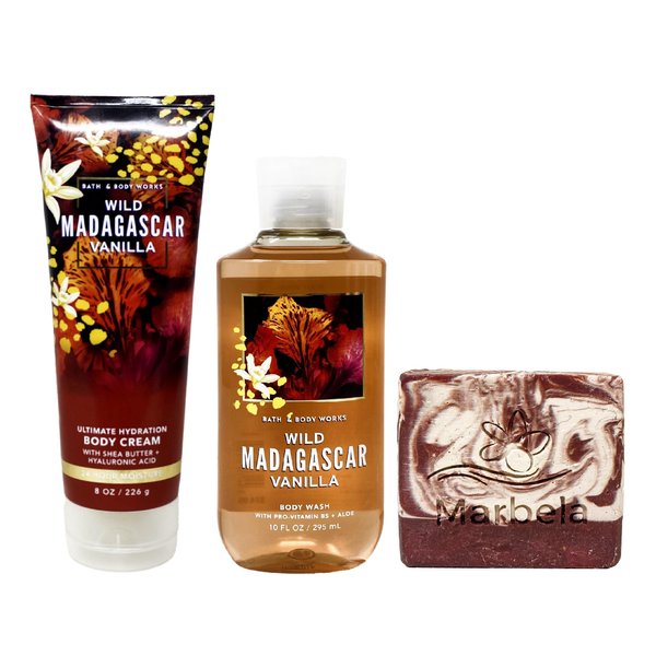 Bath & Body Works Wild Madagascar Vanilla 2 Piece Set with a Cherry On Top Bar Soap - Body Cream - Body Wash - Full Size