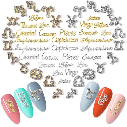 WOKOTO 48Pcs Zodiac Signs And Zodiac Letters Nail Charms For Nail Art 3D Zodiac Charms Gold And Silver Zodiac Nail Art Jewelrys For Jewelrys Making Nail Art Decorations For Acrylic Nails