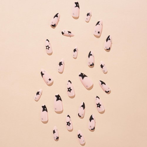 24 Pcs Rhinestones Press on Nails Almond Fake Nails with Glue Nude False Nails with Star Pattern Design Full Cover Nail Tips Artificial Glue on Nails Medium Reusable Stick on Nails for Women and Girls
