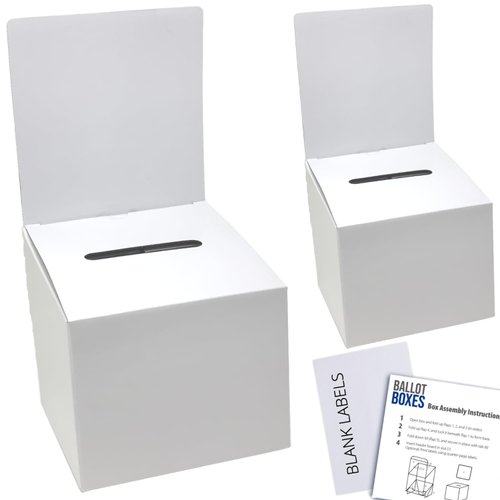 ALBEN Ballot Box for Suggestions Donations Raffles White Glossy Cardboard Boxes with Removable Header in Medium Size 6x6x6 inches with Slot for Tickets and More (2 Pack)