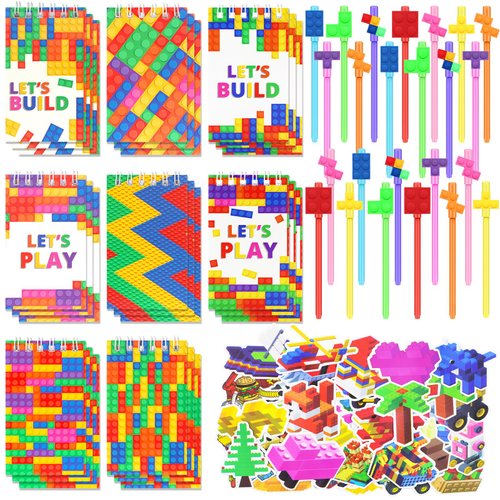 BOIKOKY 148Pcs Building Block Party Favors Set - 24 Block-Themed Notebooks, 24 Decorative Pens, 100 Stickers for Kids Building-Themed Birthday Party Classroom Prizes Supplies