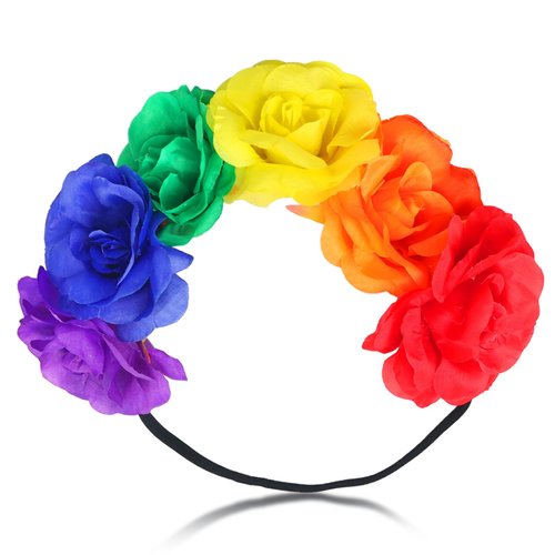 Rainbow Flower Headband for Women, Gay Pride Stuff Accessories Floral Crown Stretch Rose Flower Hair Wreath Rainbow Rose Headwear Headpiece for Pride Party Parade Decorations Favors Supplies 1Pcs