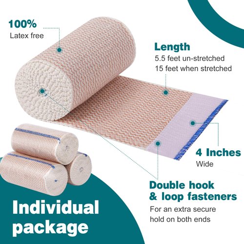 AZEN 4 in Premium 6 Pack Elastic Bandage Wrap, Lymphedema Wraps for Legs, Ankle, Knee, Tummy, Body Wrap, Compression Leg Wraps, Latex-Free