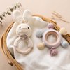 Wooden Baby Rattle Crochet Bunny and Ring Teether Set | Handmade Crochet Rattle Newborn Toy with Teether Ring | Animal Rattles for Boys and Girls | Baby Teether Toy