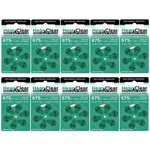 Hear Clear Size 675P Cochlear Implant Hearing Aid Batteries Green Tab (60 Batteries)
