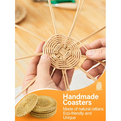 6pcs Handmade Rattan Coasters with Holder, Natural Wicker Boho Coasters Set, Heat-resistant Drink Coasters for Coffee Table Housewarming Gifts Hot Drinking Home Decor Protecting Table