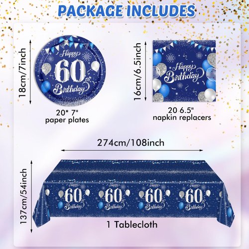 Blue 60th Birthday Decorations for Men Navy Blue Silver Happy 60th Birthday Tableware Set Include Happy 60th Birthday Plates Napkins Tablecloth for 60th Birthday Anniversary Party Decorations Supplies