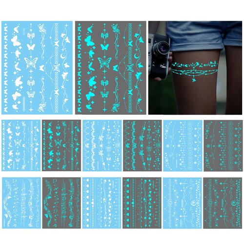 HAIIDOAK Temporary Tattoos - 9 Sheets Glow in the Dark Tattoos for Face, Choker, Leg and Collar Decoration Rave Festival Accessories (Style A)