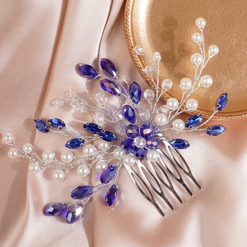 BERYUAN Blue Crystal Pearls Hair Comb Beads Flower Silver Wedding Head Piece Rhinestone Accessories for Bride, Women, and Girls