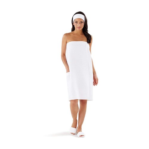 Boca Terry Spa Wrap, Waffle Spa Towel Wrap for Women, Lightweight Bath Wrap with Snaps for Sauna, Facial, Spa or Gym. White, M/L