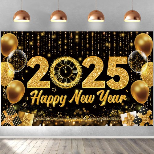 Happy New Year Backdrop New Year Party Banner Decorations Gold Balloons Happy New Year's Eve Banner Happy New Years Party Supplies 70.8 x 43.3 Inch