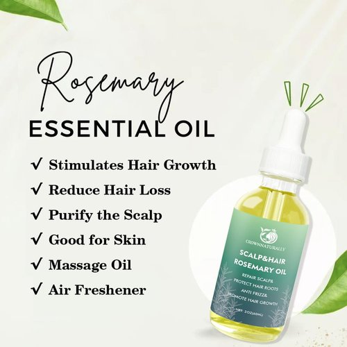 CrownNaturally 2 oz Rosemary Essentials Oil for Hair Growth &Dry Scalp Treatment with Shampoo Brush for Head Massage Organic Hair Care Set for Repairing Scalp and Reduce Hair Loss
