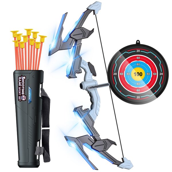 Bow and Arrow, Led Light Up Kids Bow and Arrow Set with 10 Suction Cup Arrows, Archery Target & Arrow Case, Indoor Outdoor Toys for Boys Girls Ages 3-5 4-6 6-8 8-10 8-13