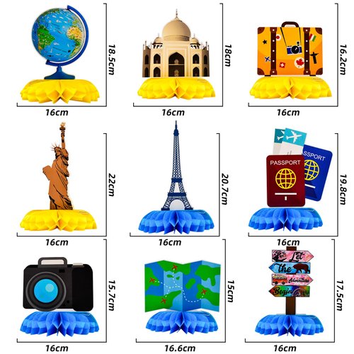 9PCS Travel Themed Party Decorations Honeycomb Centerpieces Adventure Party Decorations Around the World Decorations Travel Table Toppers for Baby Shower Retirement Birthday Party