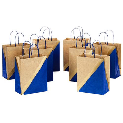 Hallmark 9" Medium Paper Gift Bags (Pack of 8 - Blue & Kraft) for Hanukkah, Birthdays, Weddings, Father's Day, Graduations, Baby Showers, Bridal Showers, Care Packages, May Day