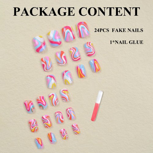 MERVF Square Press on Nails Short Fake Nails Rainbow Squoval Glue on Nails Press ons with Colorful Swirl Design 24pcs Glossy Acrylic Nails Cute Summer False Nails for Women