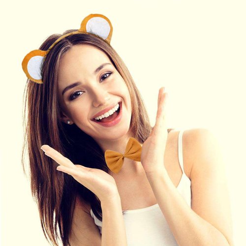 Halloween Monkey Ears Headband Bow Tie Tail Brown Monkey Hair Hoops Bands Women Bowtie Animal Headpiece Hairband Christmas Xmas Cosplay Holiday Festival Parade Dress Up Birthday Party Accessories
