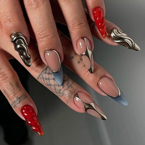 QQPPOLIU Medium Press on Nails Almond Multi Color Press on Nails Chrome 3d Nails Press Ons French Tip Fake Nails Hot Girls Acrylic Glue on Nails Gift for Women and Girls